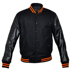 Mens Black Lightweight Wool with Real Leather Premium Varsity Letterman Jacket