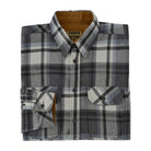 mens-charcoal-checkered-long-sleeve-plaid-button-down-casual-flannel-shirt-corduroy-collar-cuffs-folded