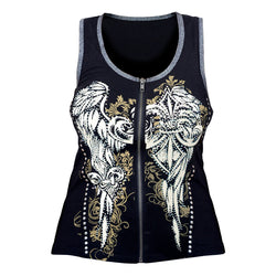 VB017 Fluer - Wings and Fluer De Lis Black Tank Topwith Zipper and Studs